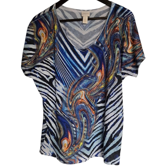 Chico's Blue and Orange Swirl Print Blouse Animal Print (2) - Picture 1 of 3